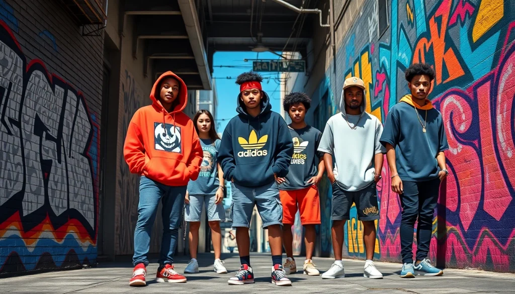 Vibrant urban scene showcasing diverse streetwear clothing brands with stylish individuals.