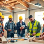 Engaged apprentices in a construction apprenticeship workshop collaborating and learning skills.