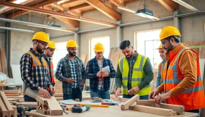 Engaged apprentices in a construction apprenticeship workshop collaborating and learning skills.