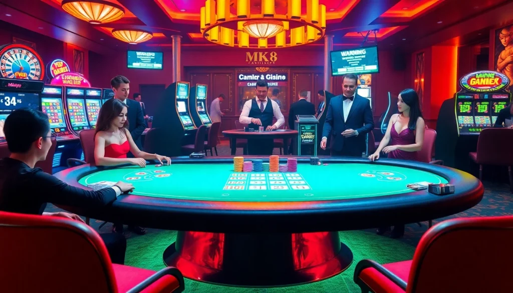 MK8 betting table with vibrant cards and chips in a luxurious casino setting.
