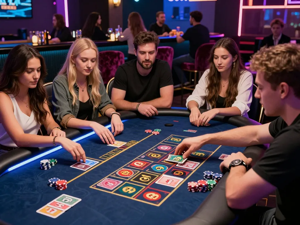 Friends enjoying an engaging game night on 79KING platform, vibrant atmosphere with gaming elements.