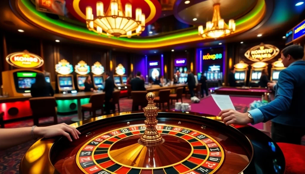 KONG88 betting excitement at a vibrant roulette table in a luxurious casino.
