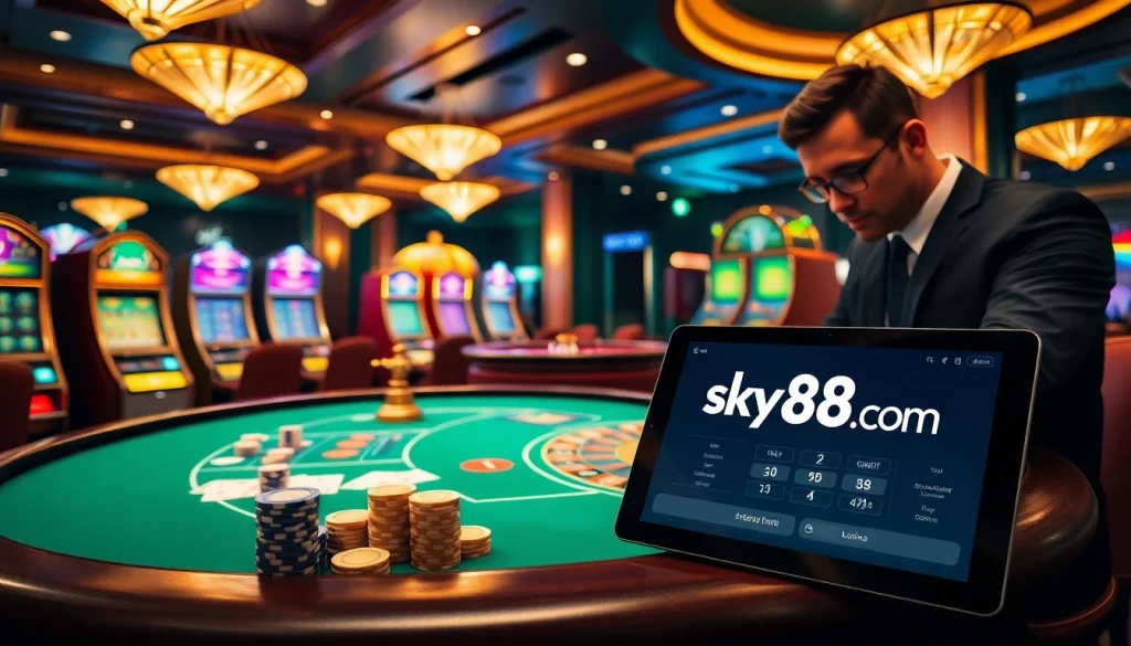 Card game action at sky88.com casino featuring vibrant tables and digital interfaces.