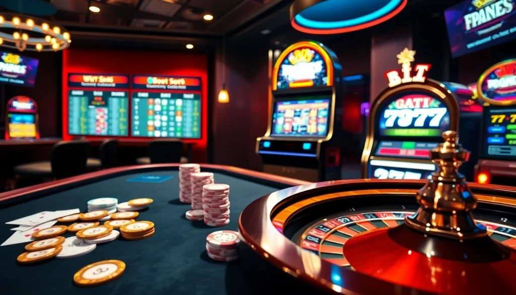Exciting online casino atmosphere with poker, roulette, and slots at https://bem88.com, showcasing luxury and thrill.