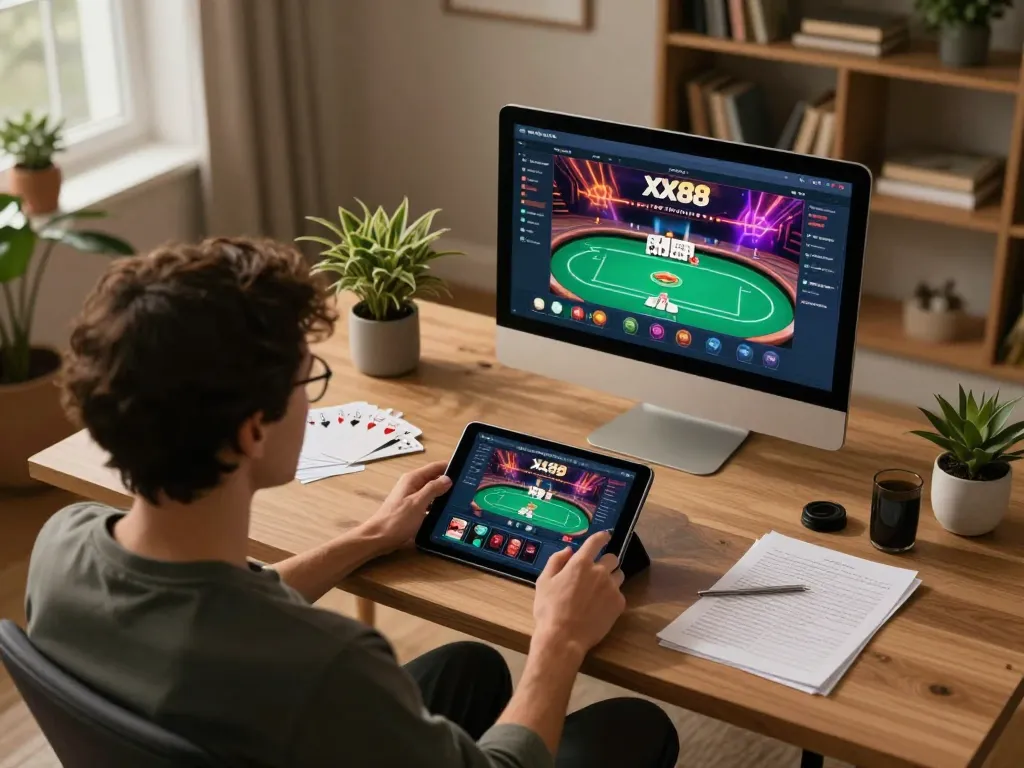 Engaging with the XX88 casino app on a tablet in a stylish home office for an immersive online gaming experience