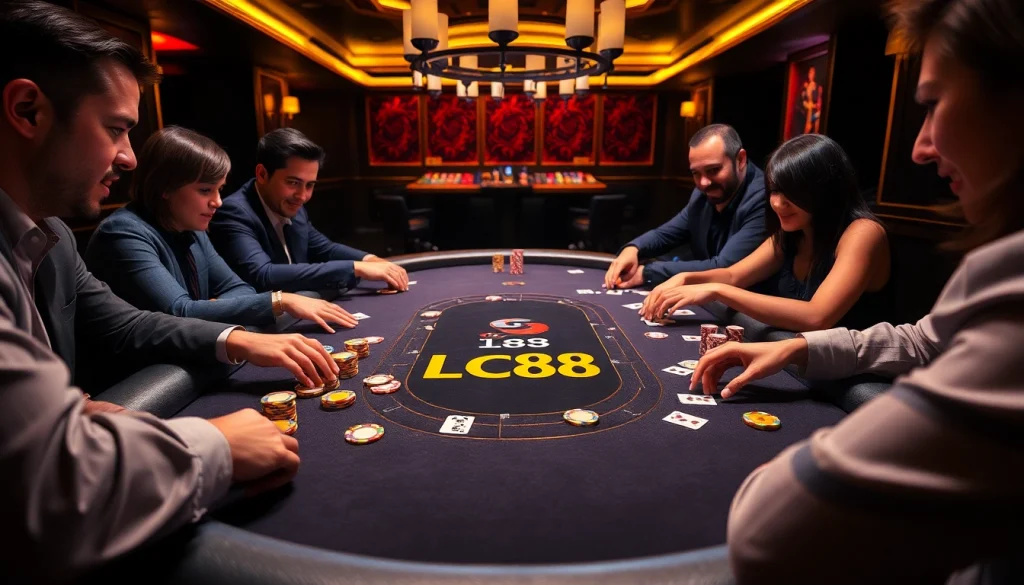 Engage in a thrilling game at the LC88 casino table with vibrant poker chips and cards.