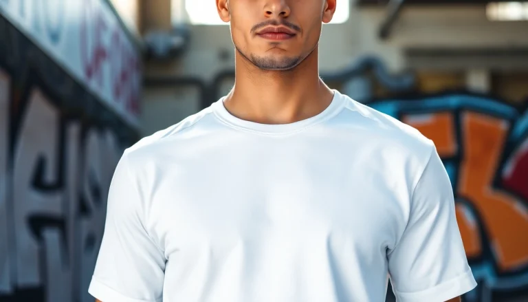 Model confidently showcasing a blank white t shirt in an artistic urban backdrop.