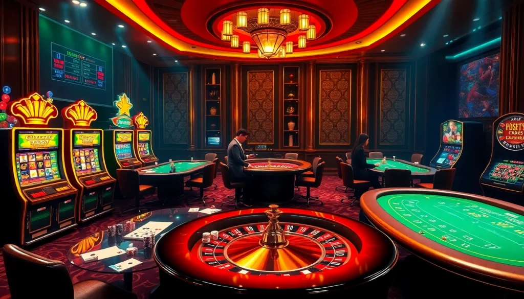 M98 casino scene showcasing chip betting at poker tables with vibrant slot machines