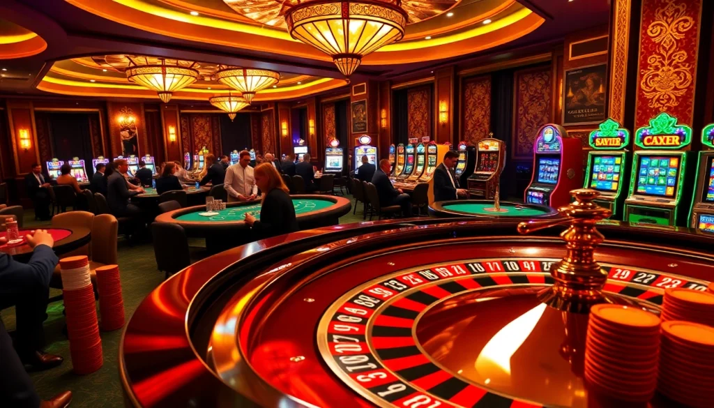 A vibrant casino scene highlighting gamblers placing bets at tables and slot machines, representing https://f168.law/ and excitement.