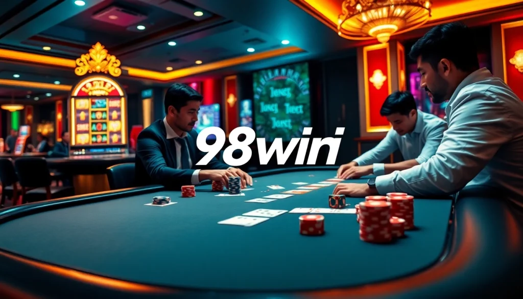 Exciting poker scene with chips and cards at 98win casino, emphasizing high stakes and luxury.