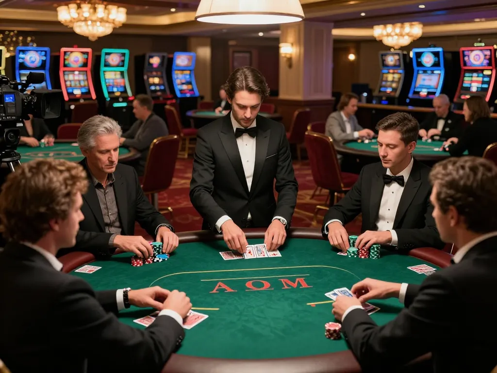 Engaged players at tt88 com poker table in a luxurious casino, dynamic gameplay captured beautifully.