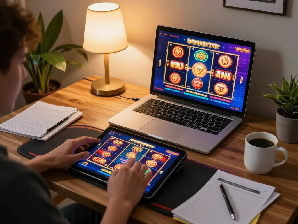 Engaging in online slots while preparing for strategic gameplay at home with FC88.