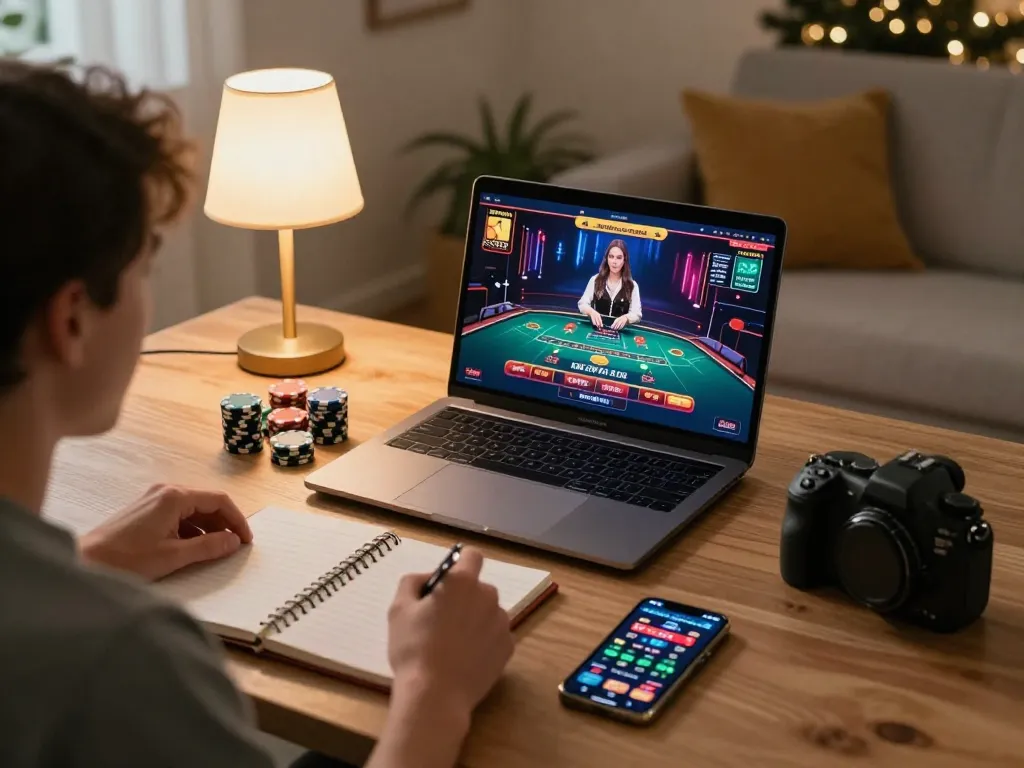 This image illustrates engaging gameplay on https://mm88.center/ as a player interacts with a live casino game interface on their laptop at home, emphasizing a modern gaming atmosphere.