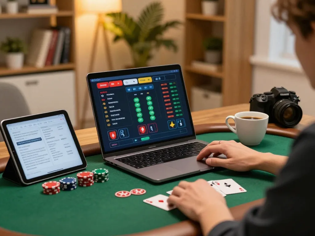 Engaging poker gameplay at home with RR88IT.COM on the laptop, showcasing responsible gaming.