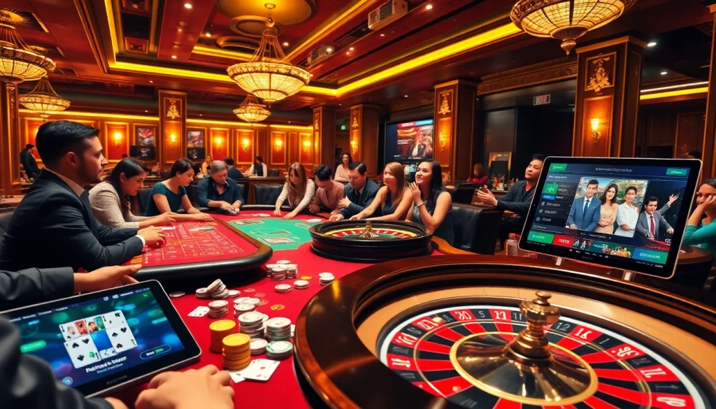 Capture the thrill of F168 casino gaming with vibrant poker tables, chips, and a roulette wheel in an upscale atmosphere.