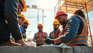 Construction workforce development in action, showcasing teamwork among diverse workers on a building site.