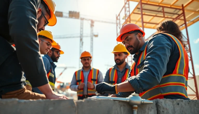 Construction workforce development in action, showcasing teamwork among diverse workers on a building site.