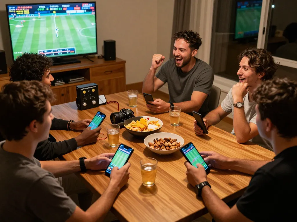 Friends enjoying live sports betting on mobile devices during an engaging night of rr88bet, highlighting interactive strategies.