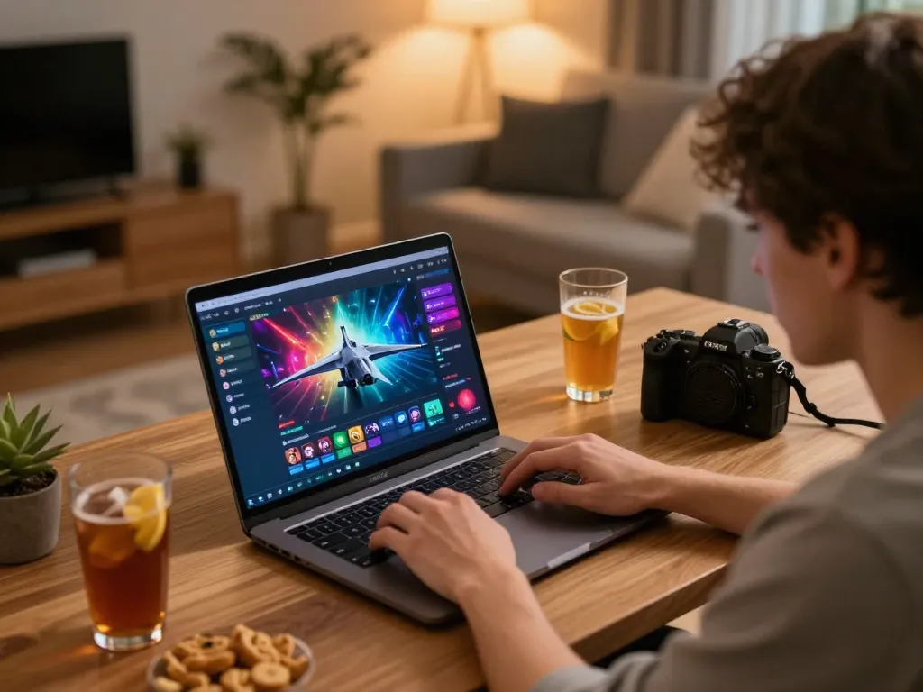 Player engaged with F 168 online gaming interface in a cozy home setup, highlighting modern gaming.