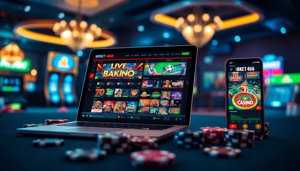 Discover 8KBET 456's exciting gaming environment showcasing digital casino games and sports betting.