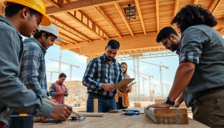Engaged participants in construction workforce training collaborating on a project.