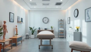 カイロプラクティック道具と治療台が並ぶ、八千代市整骨院の温かいインテリア。