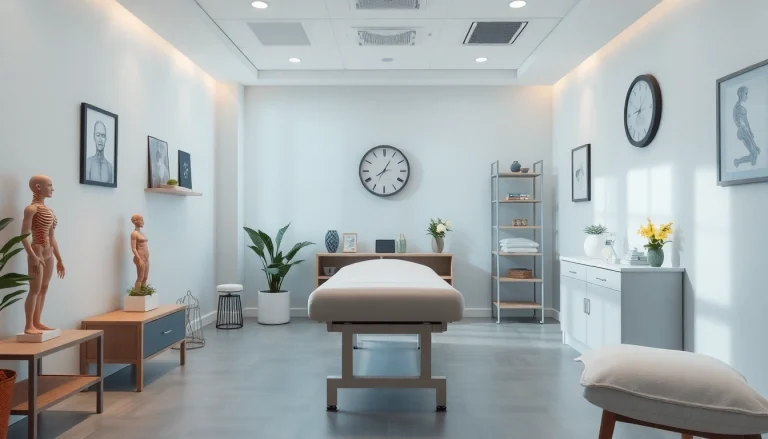 カイロプラクティック道具と治療台が並ぶ、八千代市整骨院の温かいインテリア。