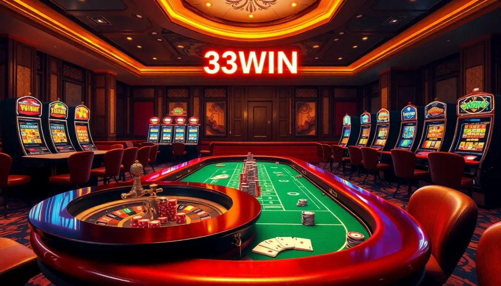 Experience thrilling gameplay at 33WIN's vibrant casino, featuring poker tables and slot machines.