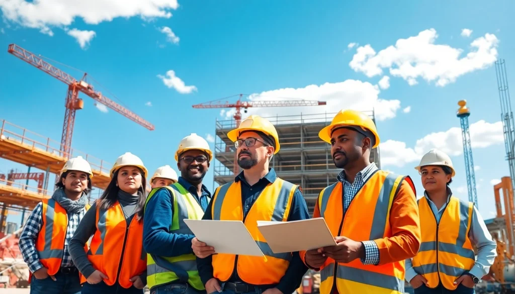 Improve construction site safety with workers discussing safety protocols amidst construction activities.