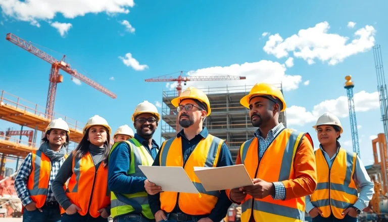 Improve construction site safety with workers discussing safety protocols amidst construction activities.