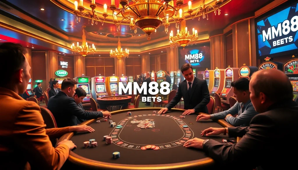 Experience the thrill of MM88 Bets at a luxurious casino table filled with poker chips and players.