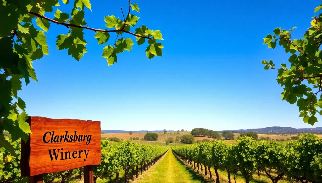Visit stunning Clarksburg wineries with rows of grapevines in picturesque scenery.