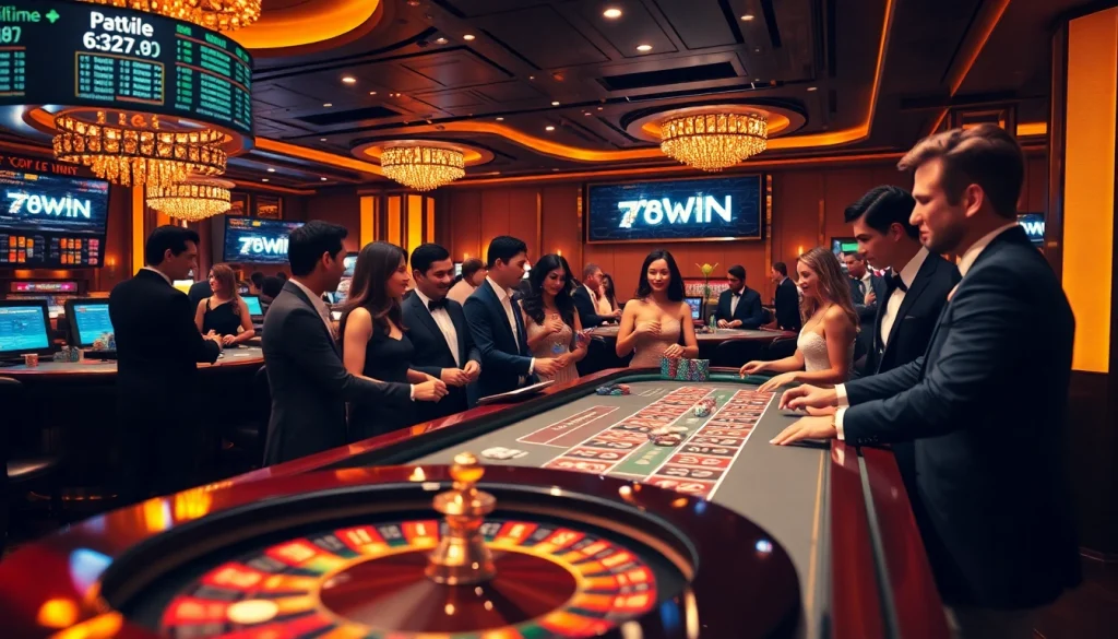 Engaged players at a vibrant casino table with the 78WIN logo, showcasing excitement and luxury.