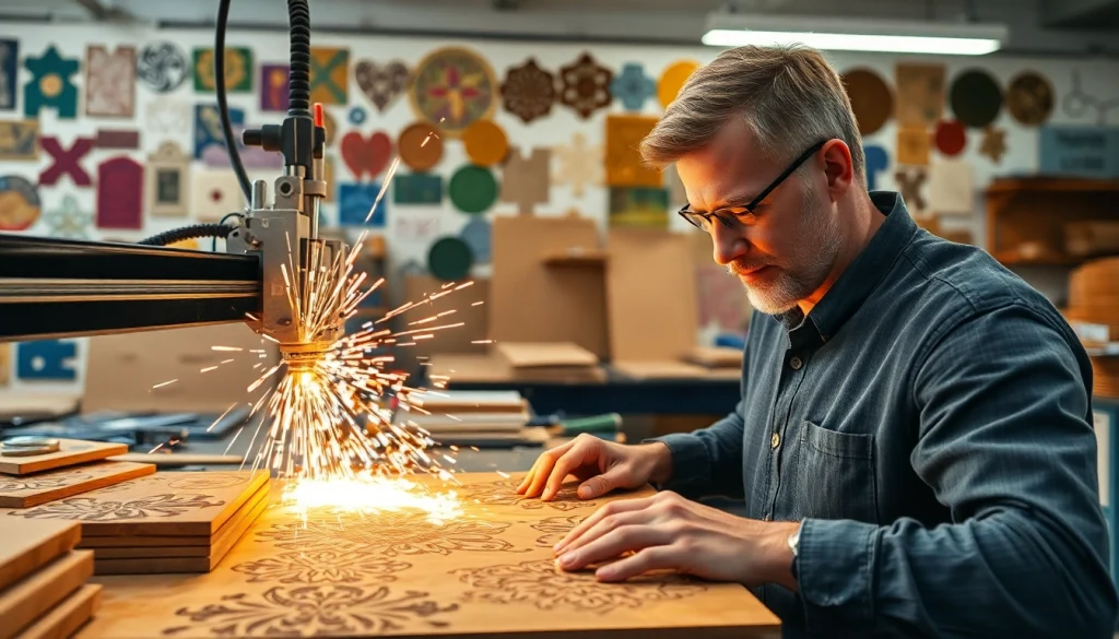 Crafting vibrant custom laser design with precision tools in an illuminated workshop.