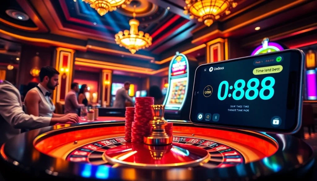 Exciting scene of U888 casino with players enjoying roulette and vibrant slot machines.