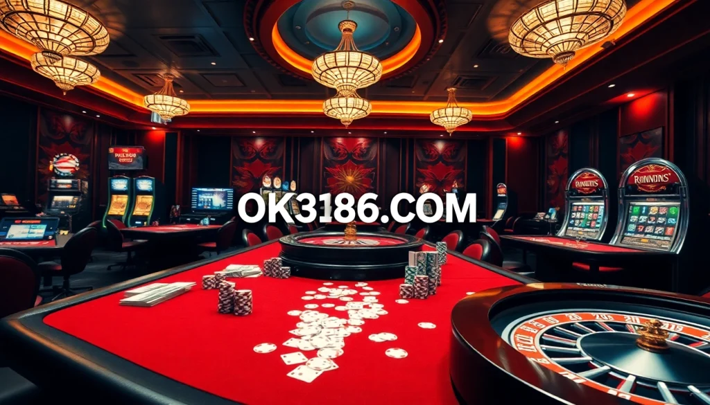 Engaging casino scene with OK8386.COM branding, vibrant atmosphere and gambling elements.