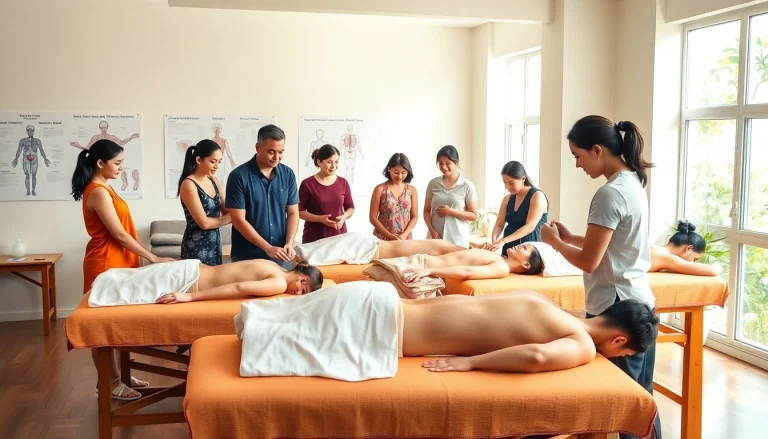 Engaging learning scene at a Massage School Thailand, showcasing hands-on techniques and diverse instructors.