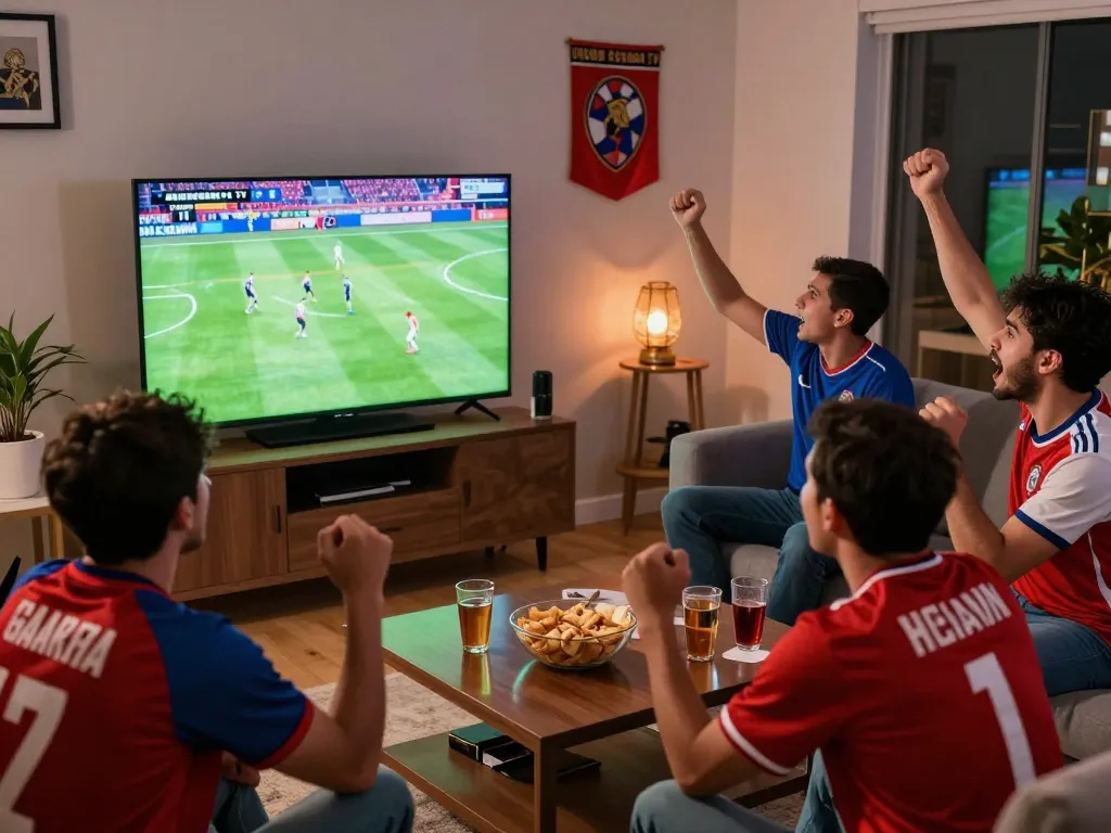 Friends enjoying a live football match on Cakhia tv, creating an exciting home viewing atmosphere.