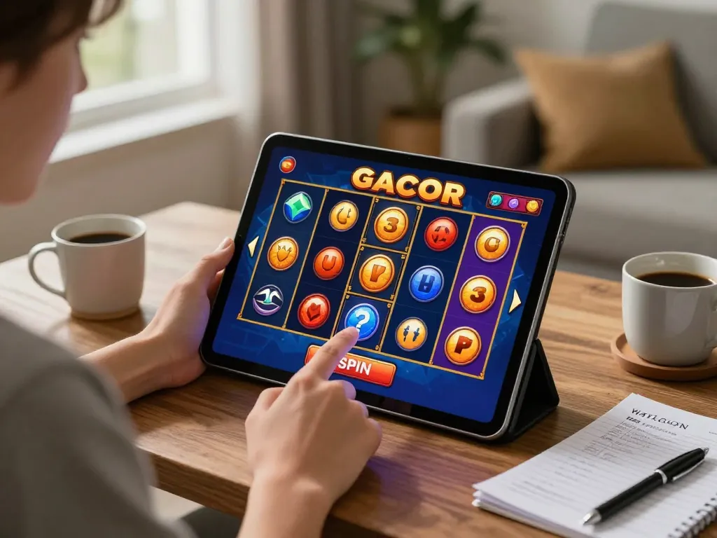 Player enjoying slot gacor game on tablet, immersed in exciting online gaming atmosphere