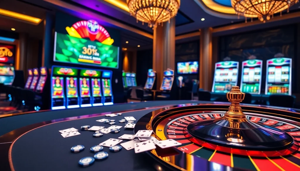 A lively casino scene showcasing an online gambling interface from https://iq88.blog/ with colorful slot machines and a roulette table.